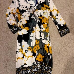 Floral yellow, gray, white and black London Times dress, size 4.